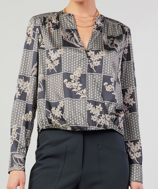 Black Taupe Long-Sleeve Mandarin Collar Surplus Blouse