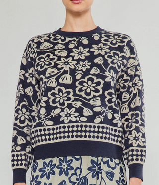 Navy Cream Floral Pull Over Long-Sleeve Sweater