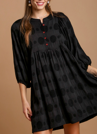 Black 3/4 Sleeve Babydoll Midi Dress with Dot Texture