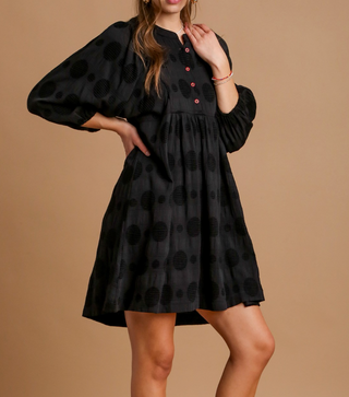 Black 3/4 Sleeve Babydoll Midi Dress with Dot Texture