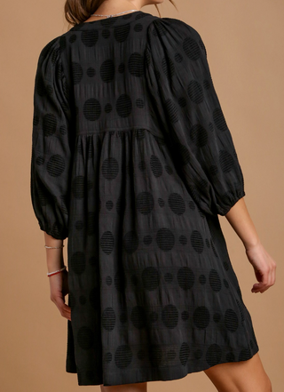 Black 3/4 Sleeve Babydoll Midi Dress with Dot Texture