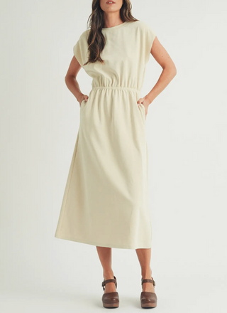 Beige Elastic Waist Casual Maxi Sheath Dress