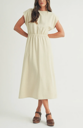 Beige Elastic Waist Casual Maxi Sheath Dress