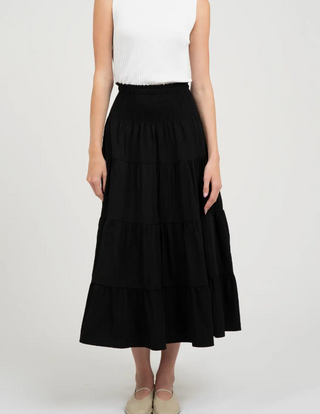 Black Elastic High Waist Tiered Satin Skirt