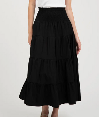 Black Elastic High Waist Tiered Satin Skirt