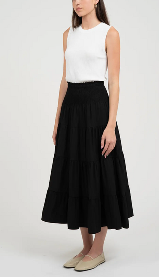 Black Elastic High Waist Tiered Satin Skirt