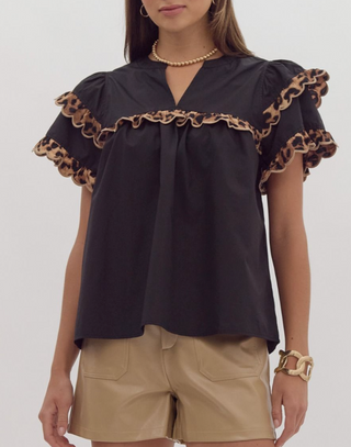 Black Ruffle Sleeve Top with Cheetah Print Trim and V Neck