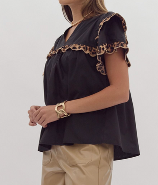 Black Ruffle Sleeve Top with Cheetah Print Trim and V Neck