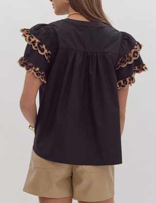 Black Ruffle Sleeve Top with Cheetah Print Trim and V Neck