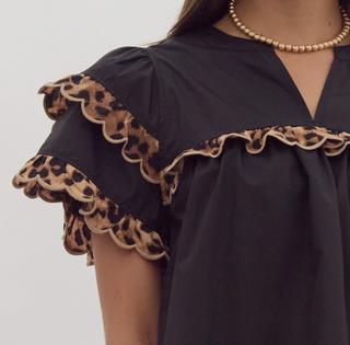 Black Ruffle Sleeve Top with Cheetah Print Trim and V Neck