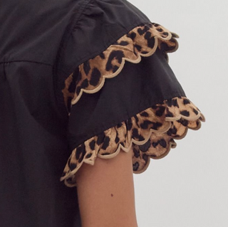 Black Ruffle Sleeve Top with Cheetah Print Trim and V Neck