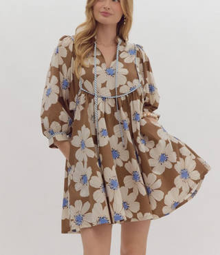 Brown & Blue Floral Midi Dress with Pockets - 3/4 Sleeve V-Neck Ruffled