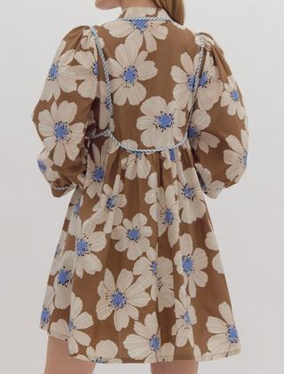 Brown & Blue Floral Midi Dress with Pockets - 3/4 Sleeve V-Neck Ruffled