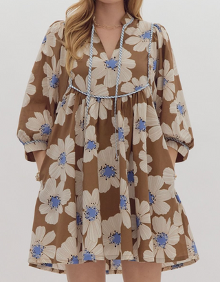 Brown & Blue Floral Midi Dress with Pockets - 3/4 Sleeve V-Neck Ruffled