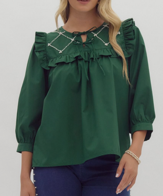 Emerald Green Ruffle Blouse with Pearl Detail