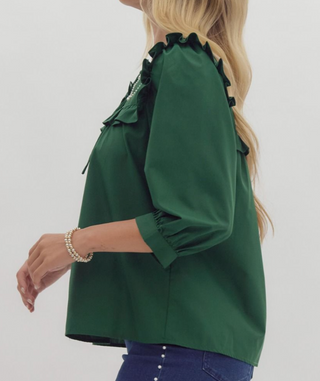 Emerald Green Ruffle Blouse with Pearl Detail