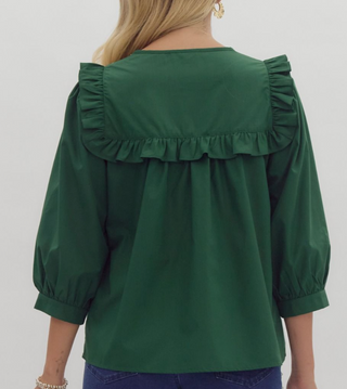 Emerald Green Ruffle Blouse with Pearl Detail