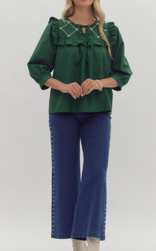 Emerald Green Ruffle Blouse with Pearl Detail