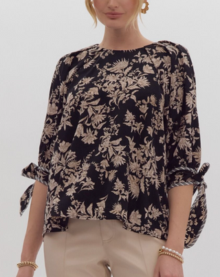 Black Floral Print Blouse with Tie Sleeve Detail