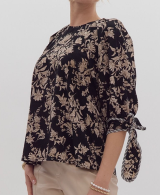 Black Floral Print Blouse with Tie Sleeve Detail