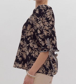 Black Floral Print Blouse with Tie Sleeve Detail