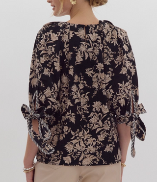 Black Floral Print Blouse with Tie Sleeve Detail