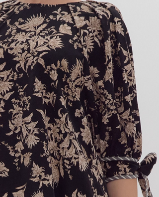 Black Floral Print Blouse with Tie Sleeve Detail