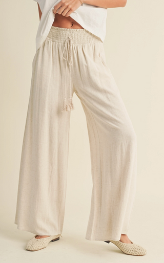 Sand Cotton Linen Smocked Waist Pants with Tassel