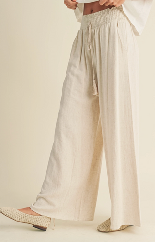 Sand Cotton Linen Smocked Waist Pants with Tassel