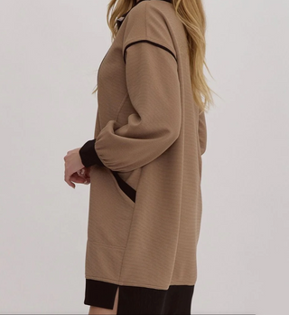 Light Mocha and Black Long Sleeve Ribbed Dress with Side Slits