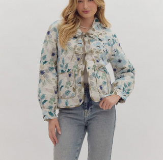 Cream, Blue and Teal Floral Print Diamond Quilted Jacket