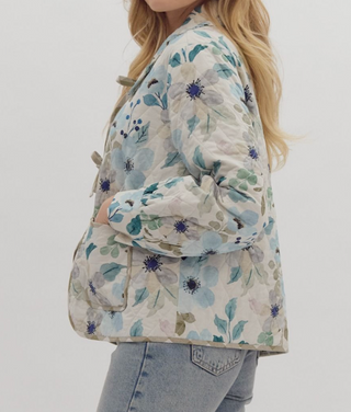 Cream, Blue and Teal Floral Print Diamond Quilted Jacket