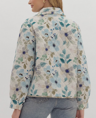 Cream, Blue and Teal Floral Print Diamond Quilted Jacket