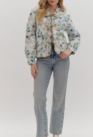 Cream, Blue and Teal Floral Print Diamond Quilted Jacket