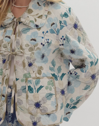 Cream, Blue and Teal Floral Print Diamond Quilted Jacket