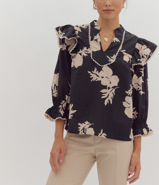 Black and Ecru Floral Print Top with Ruffle Shoulder Detail