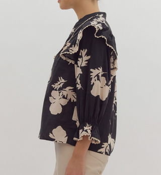 Black and Ecru Floral Print Top with Ruffle Shoulder Detail