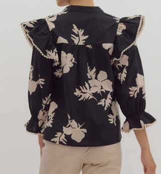 Black and Ecru Floral Print Top with Ruffle Shoulder Detail