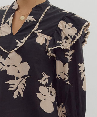 Black and Ecru Floral Print Top with Ruffle Shoulder Detail