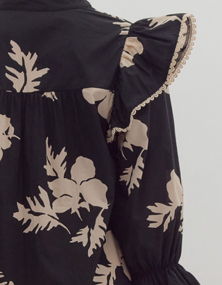 Black and Ecru Floral Print Top with Ruffle Shoulder Detail