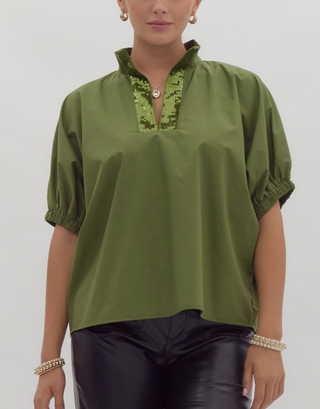 Olive Green Top with Shimmering Sequin Neckline