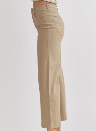 Acid Wash High-Waisted Wide Leg Pants in Tan