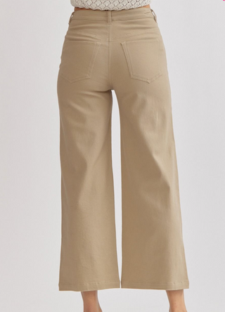 Acid Wash High-Waisted Wide Leg Pants in Tan