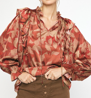 Printed Satin Top with Smocked Cuffs & Ruffle V-Neck