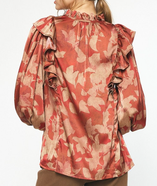 Printed Satin Top with Smocked Cuffs & Ruffle V-Neck