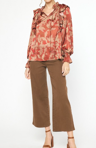 Printed Satin Top with Smocked Cuffs & Ruffle V-Neck