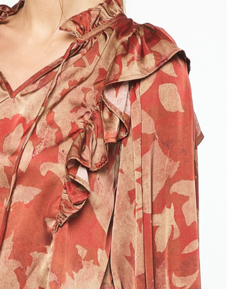 Printed Satin Top with Smocked Cuffs & Ruffle V-Neck