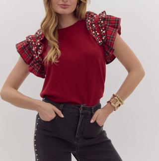 Red Pearl Embellished Top with Plaid Holiday Sleeves