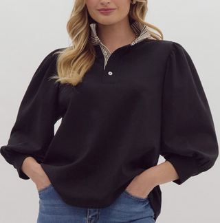 Black Top with Statement Ruffle Neckline and Balloon Sleeve