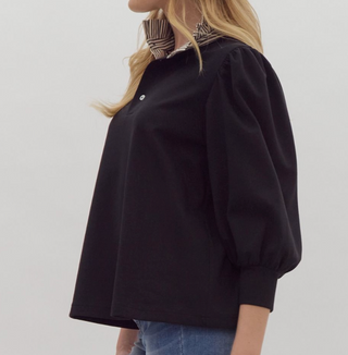 Black Top with Statement Ruffle Neckline and Balloon Sleeve